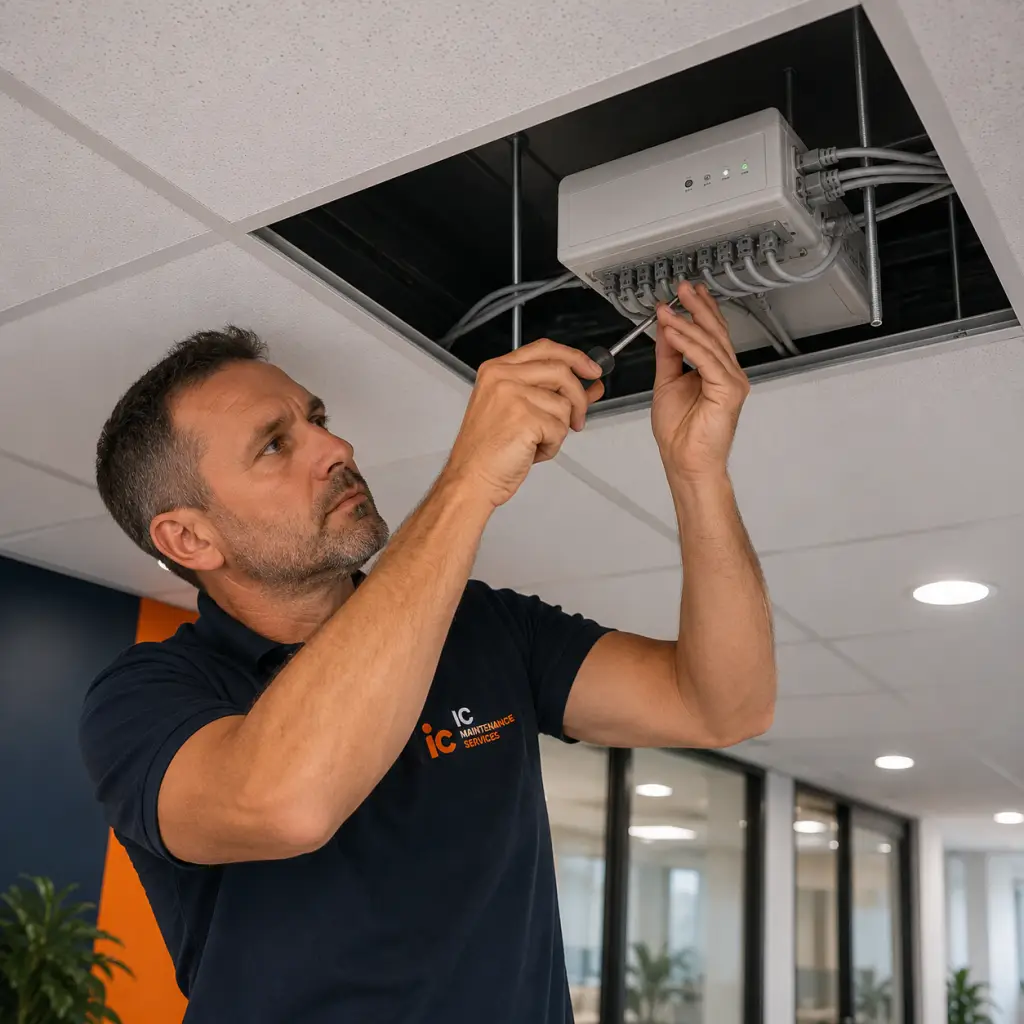 Electrician working on lighting control unit