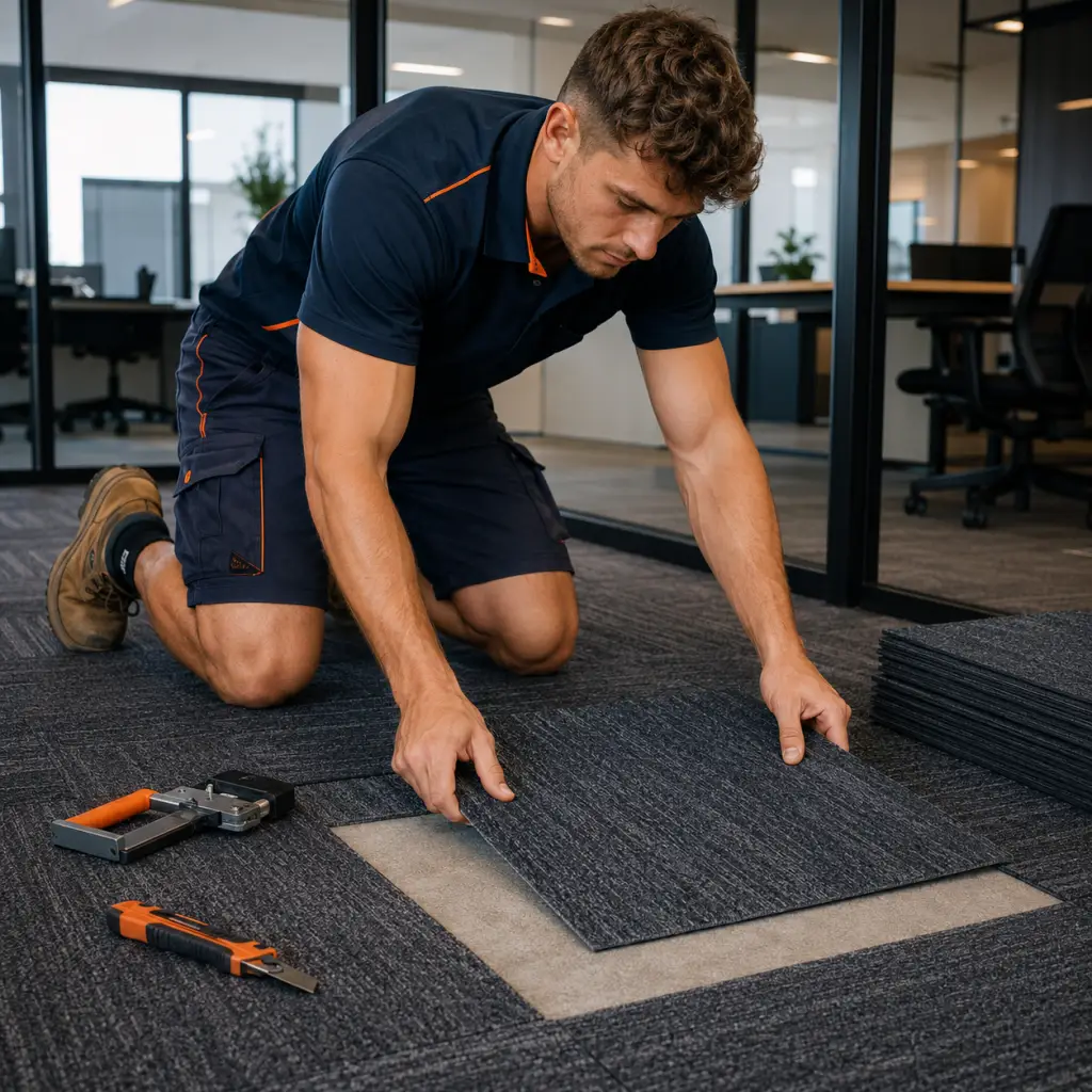 Man fitting carpet tile