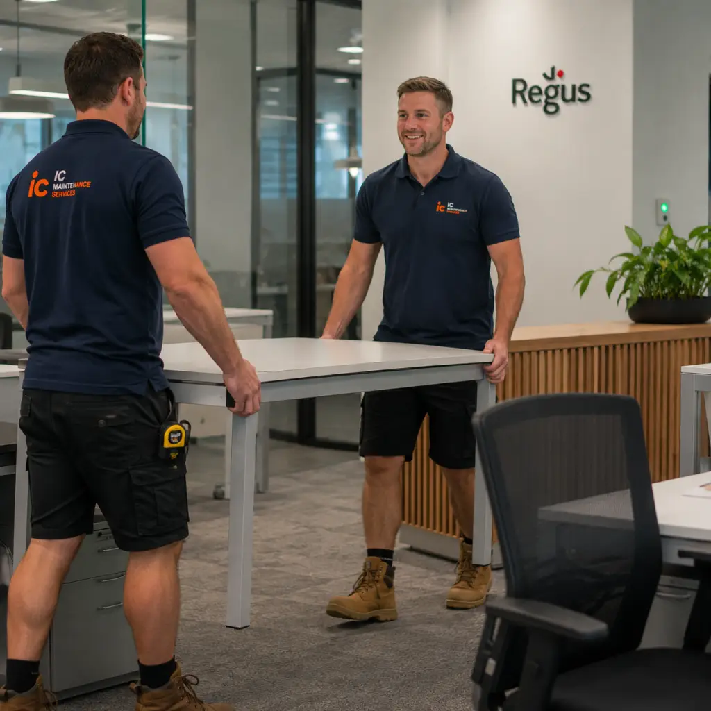 Two men moving a desk