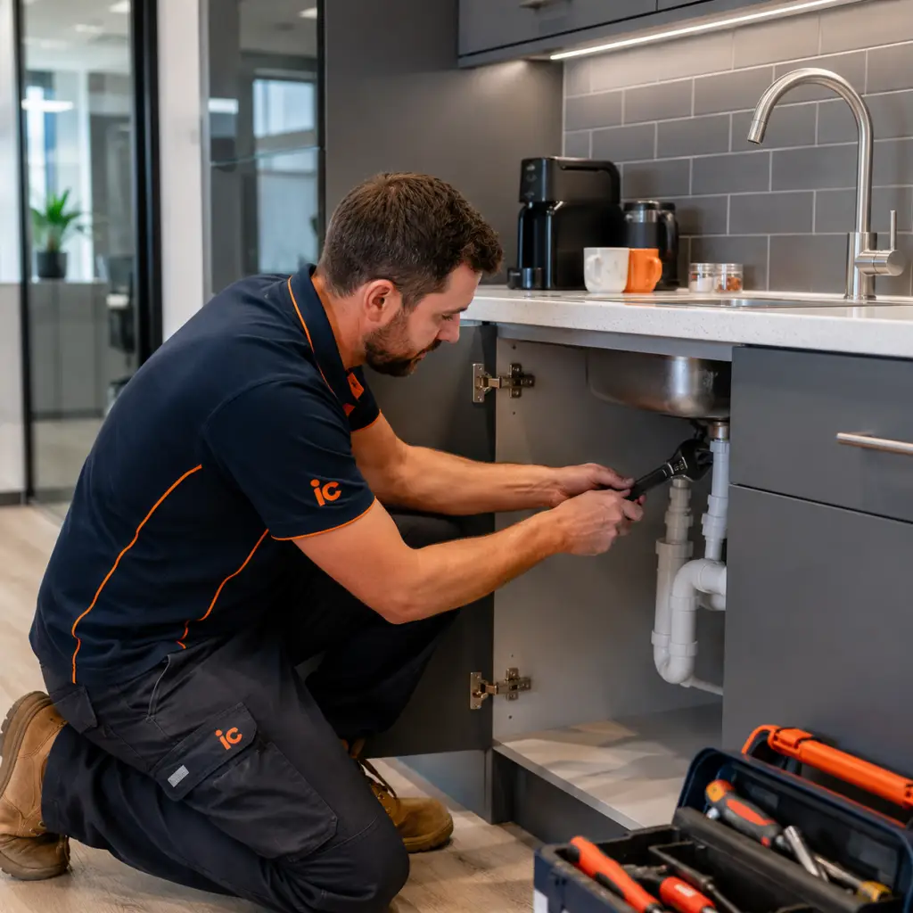 Plumber working under kitchen worktop