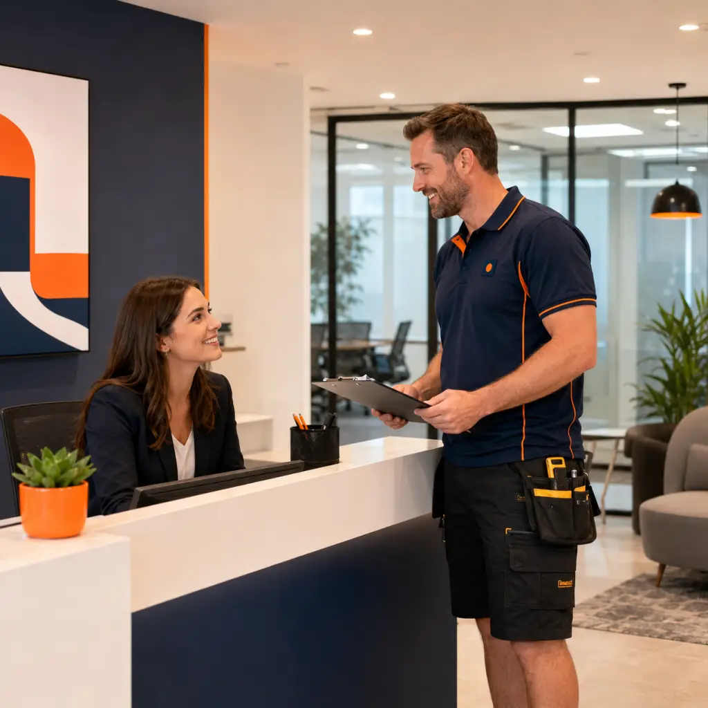 Receptionist talking to workman